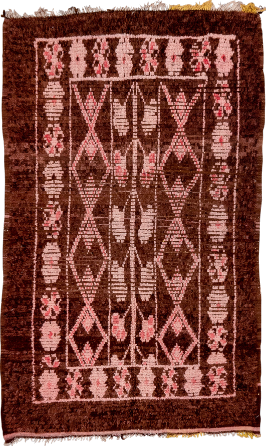 3' x 6' one-of-a-kind handmade vintage Moroccan small size rug. Color palette: brown, pink, red