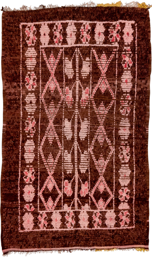 3' x 6' one-of-a-kind handmade vintage Moroccan small size rug. Color palette: brown, blush, rose, charcoal, pink, red, gray