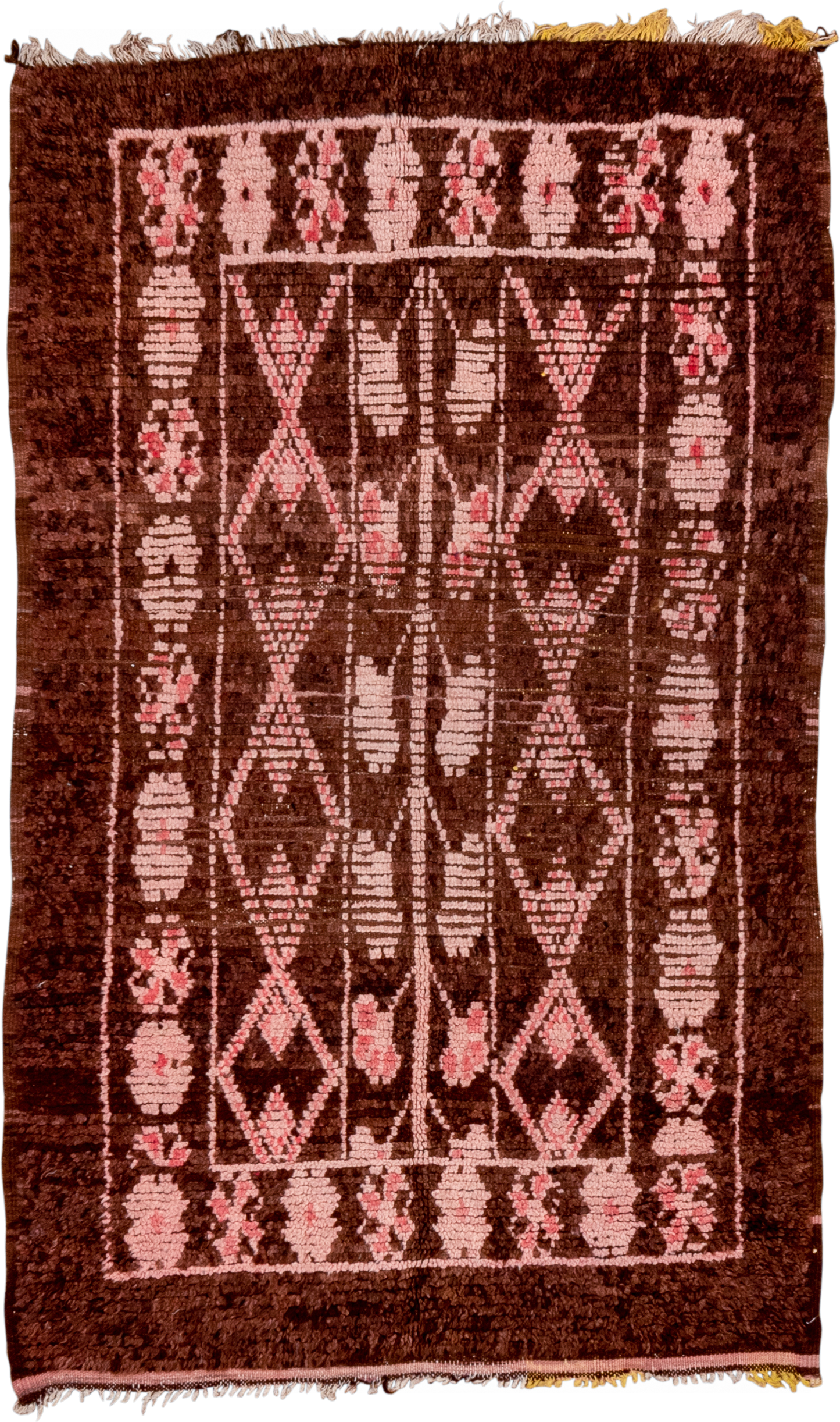3' x 6' one-of-a-kind handmade vintage Moroccan small size rug. Color palette: brown, blush, rose, charcoal, pink, red, gray