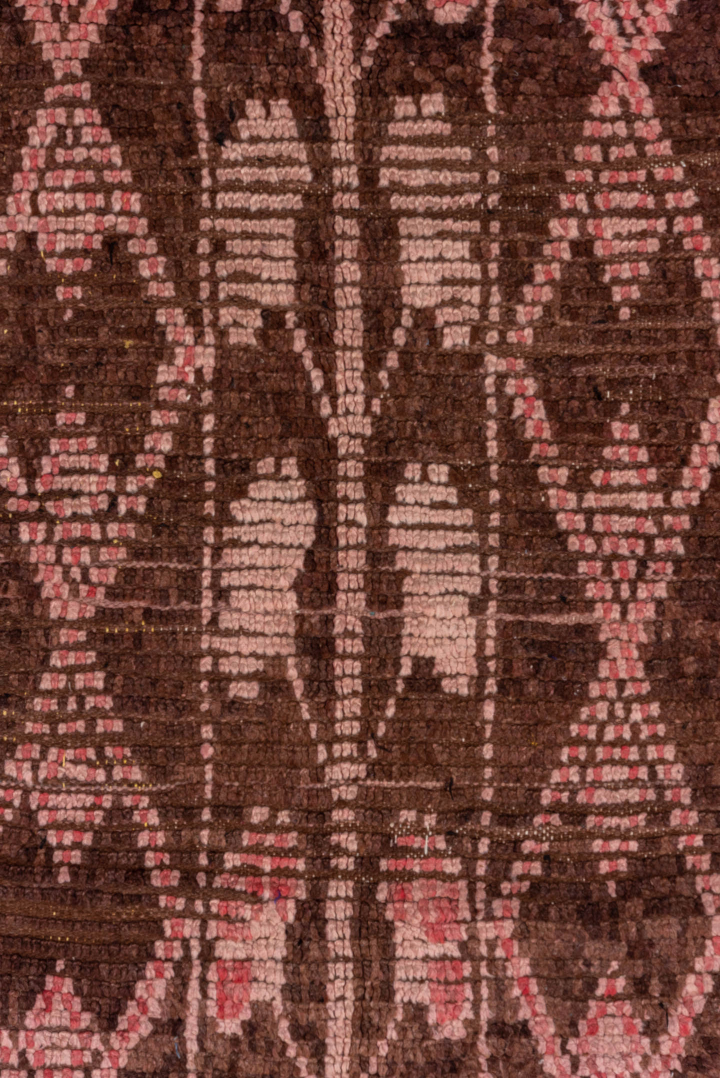 3' x 6' one-of-a-kind handmade vintage Moroccan small size rug. Color palette: brown, blush, rose, charcoal, pink, red, gray