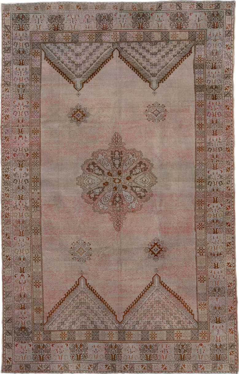 8' x 13' one-of-a-kind handmade vintage Moroccan large size rug. Color palette: black, brown, gray, light gray, pink