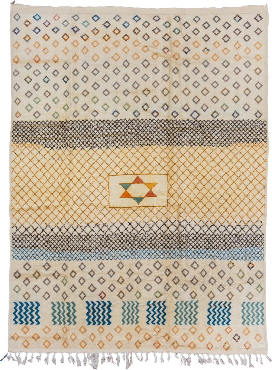 7' x 10' one-of-a-kind handmade vintage Moroccan large size rug. Color palette: ivory, gold, charcoal, sky_blue, teal