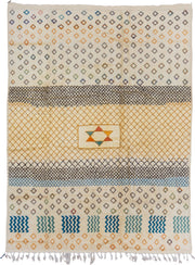 7' x 10' one-of-a-kind handmade vintage Moroccan large size rug. Color palette: ivory, gold, charcoal, sky_blue, teal
