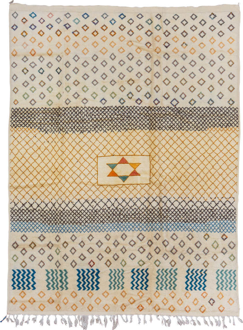 7' x 10' one-of-a-kind handmade vintage Moroccan large size rug. Color palette: arapawa, blue, brown, burlywood, gray