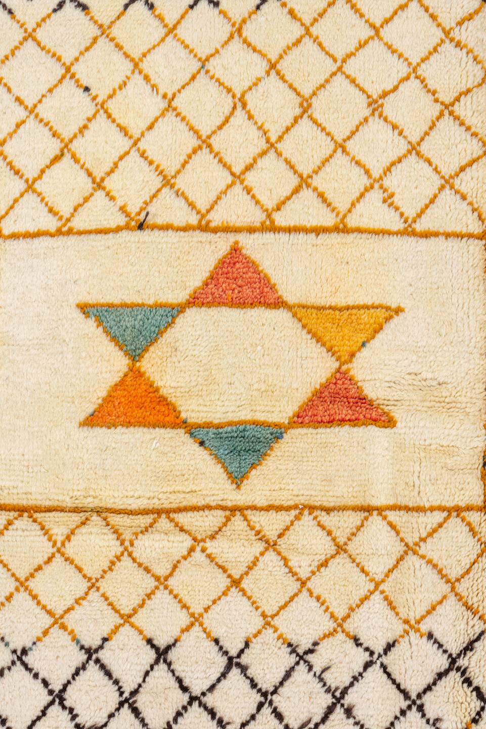 7' x 10' one-of-a-kind handmade vintage Moroccan large size rug. Color palette: arapawa, blue, brown, burlywood, gray