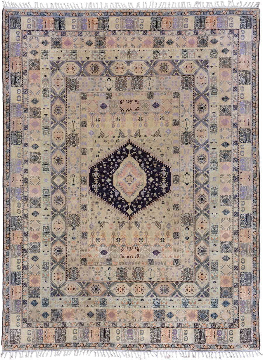 9' x 13' one-of-a-kind handmade antique Moroccan large size rug. Color palette: ivory, lavender, charcoal, peach, slate