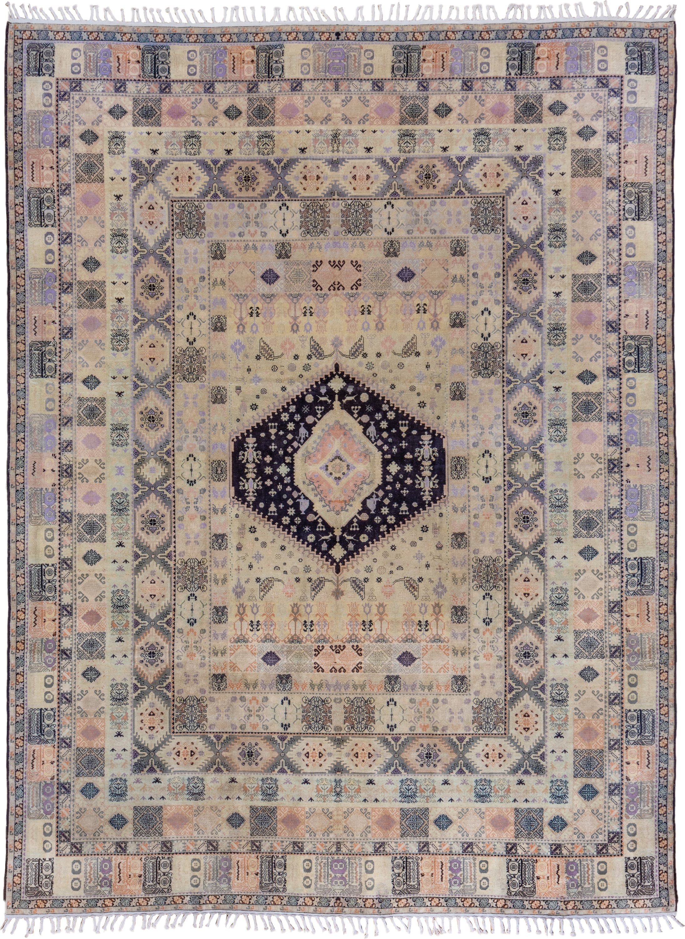 9' x 13' one-of-a-kind handmade antique Moroccan large size rug. Color palette: ivory, lavender, charcoal, peach, slate