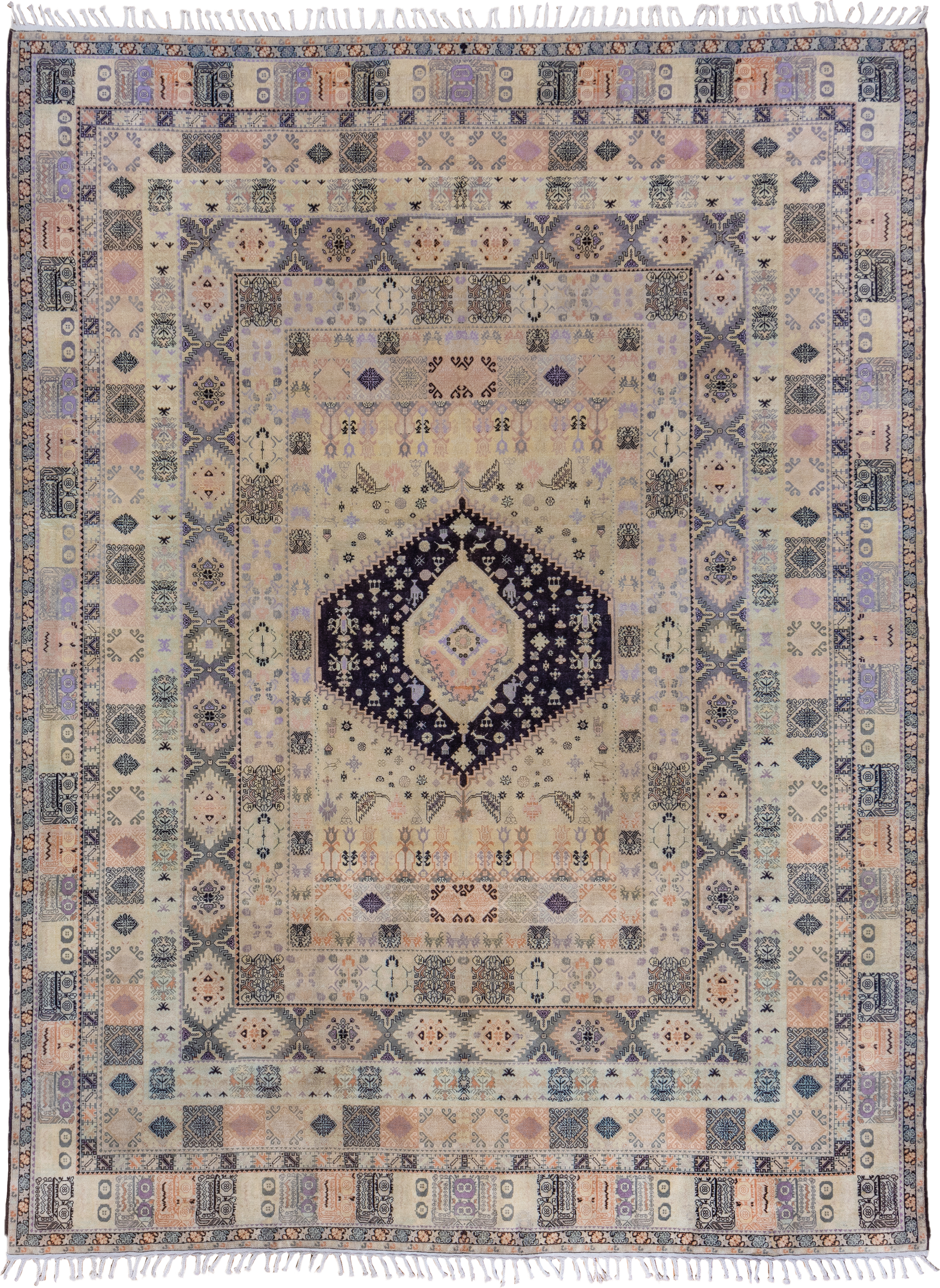 9' x 13' one-of-a-kind handmade antique Moroccan large size rug. Color palette: ivory, lavender, charcoal, peach, slate