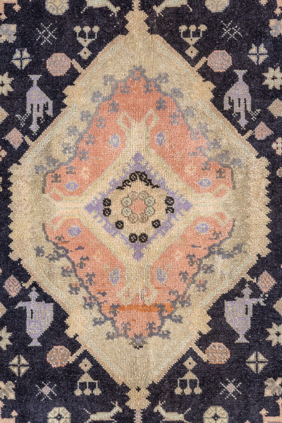 9' x 13' one-of-a-kind handmade antique Moroccan large size rug. Color palette: ivory, lavender, charcoal, peach, slate