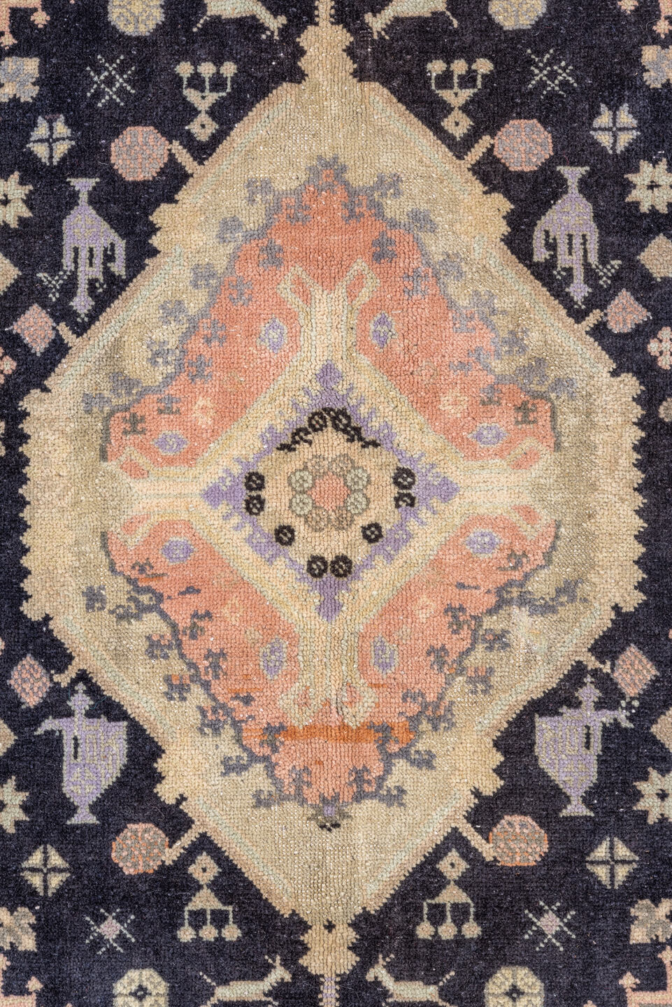 9' x 13' one-of-a-kind handmade antique Moroccan large size rug. Color palette: ivory, lavender, charcoal, peach, slate