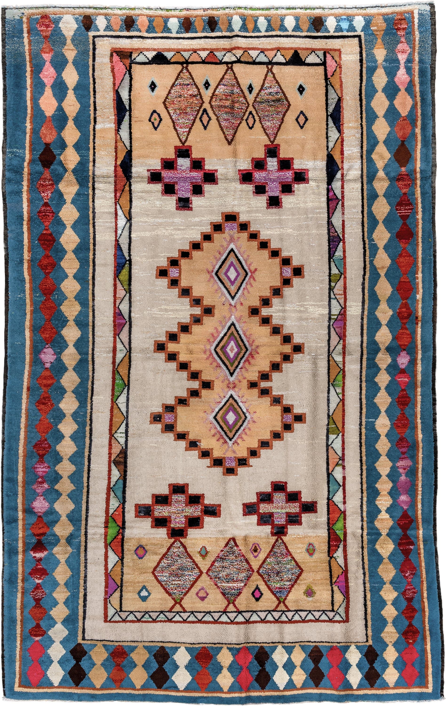 7' x 12' one-of-a-kind handmade vintage Moroccan large size rug. Color palette: ivory, blue, camel, crimson, pink, black