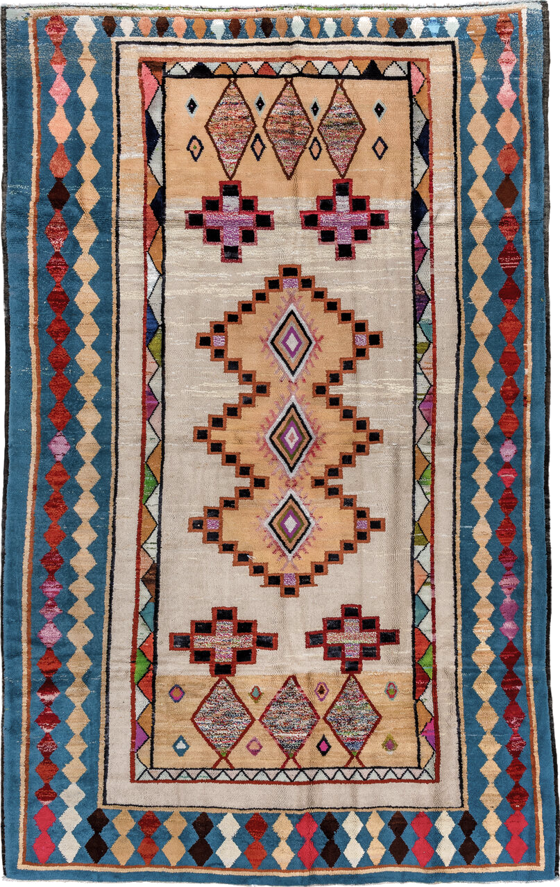 7' x 12' one-of-a-kind handmade vintage Moroccan large size rug. Color palette: arapawa, black, blue, brown, charcoal