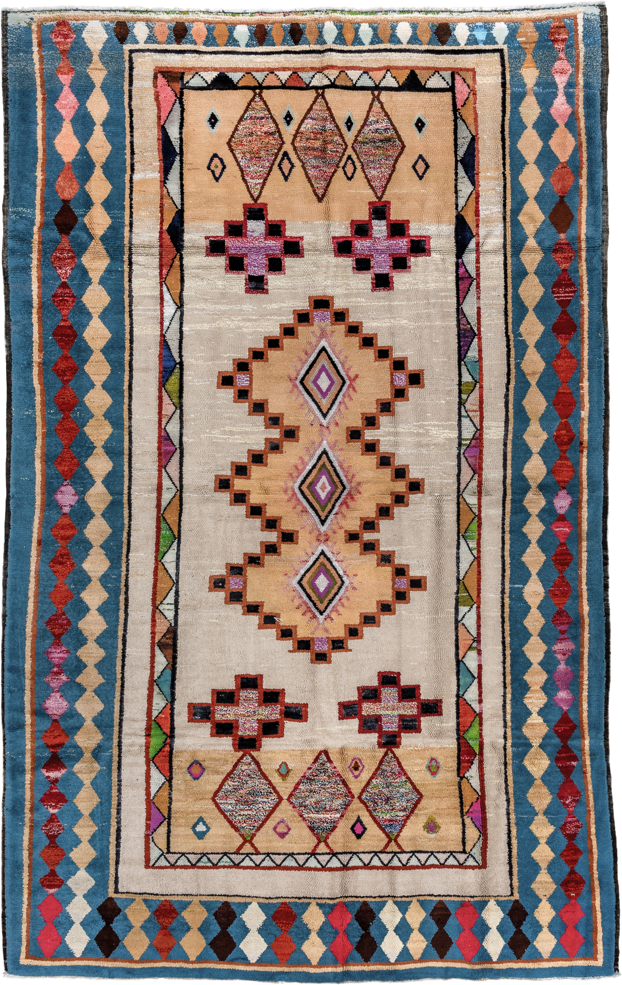 7' x 12' one-of-a-kind handmade vintage Moroccan large size rug. Color palette: ivory, blue, camel, crimson, pink, black