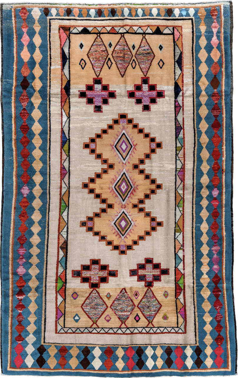 7' x 12' one-of-a-kind handmade vintage Moroccan large size rug. Color palette: arapawa, black, blue, brown, charcoal