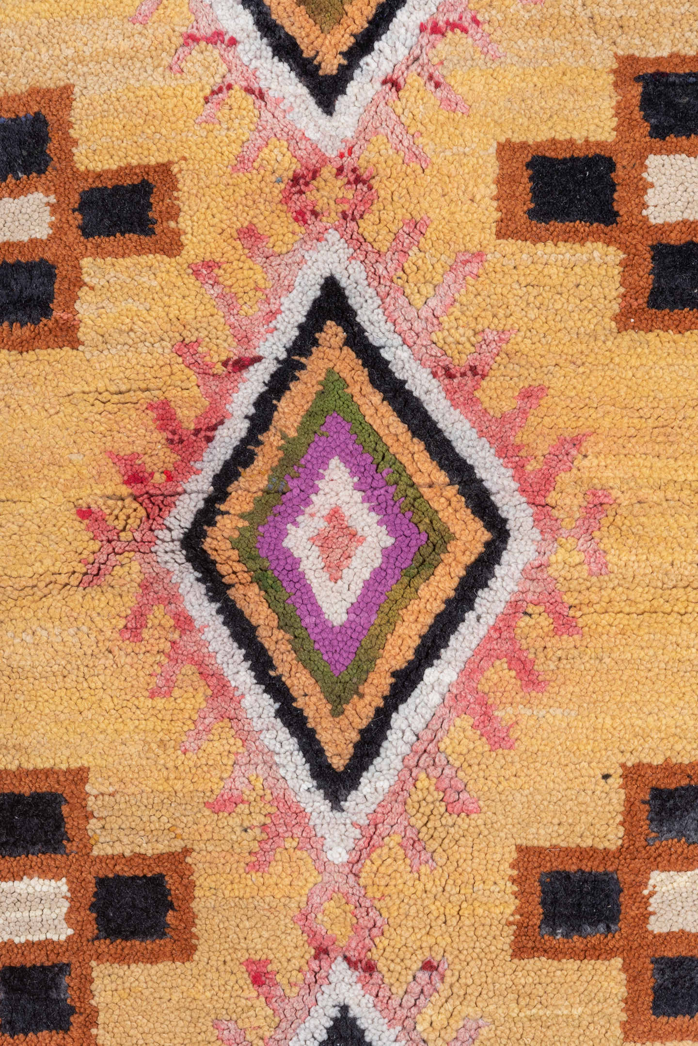 7' x 12' one-of-a-kind handmade vintage Moroccan large size rug. Color palette: ivory, blue, camel, crimson, pink, black