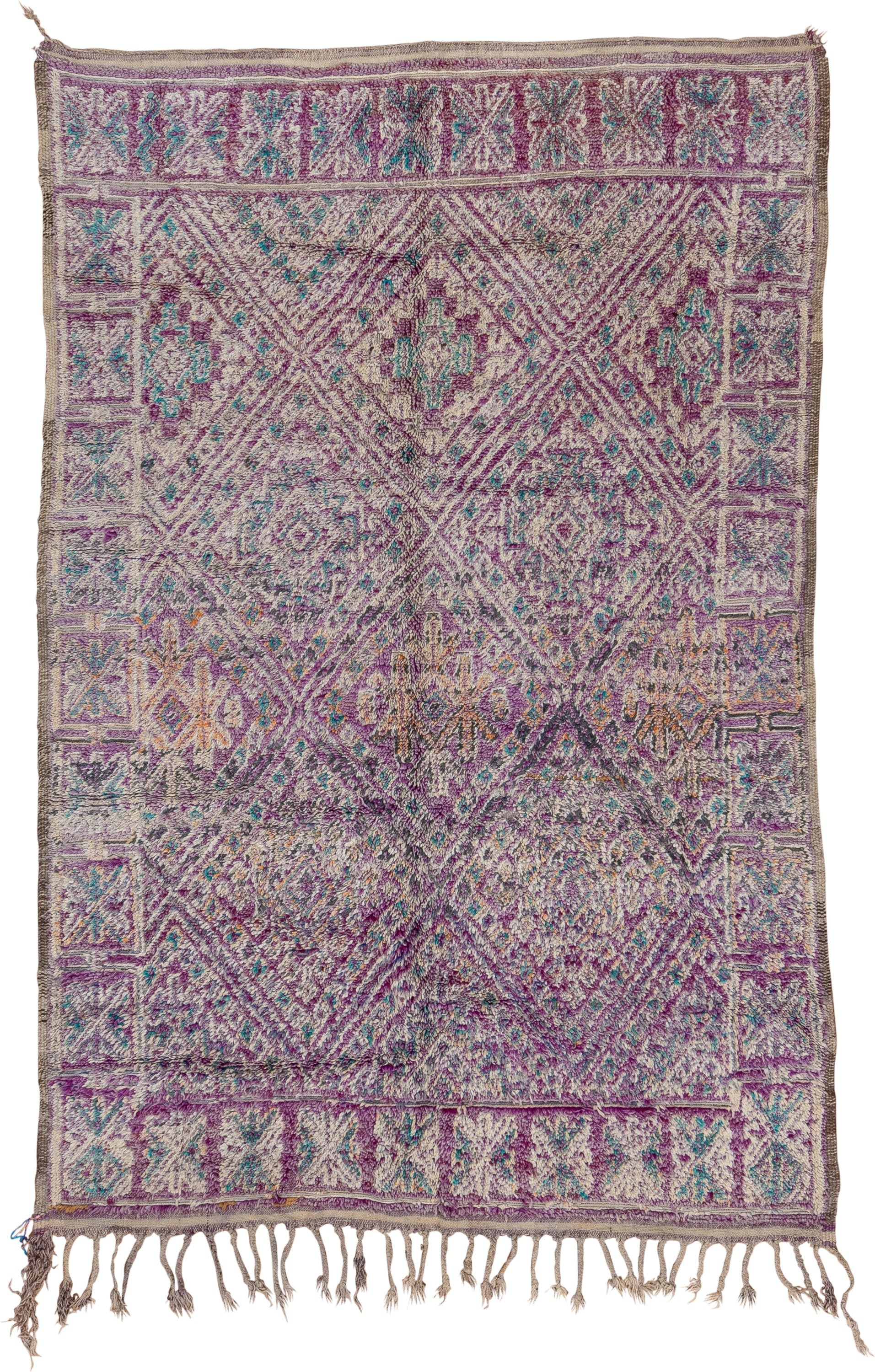 6' x 9' one-of-a-kind handmade vintage Moroccan medium size rug. Color palette: lavender, ivory, taupe, turquoise, rose