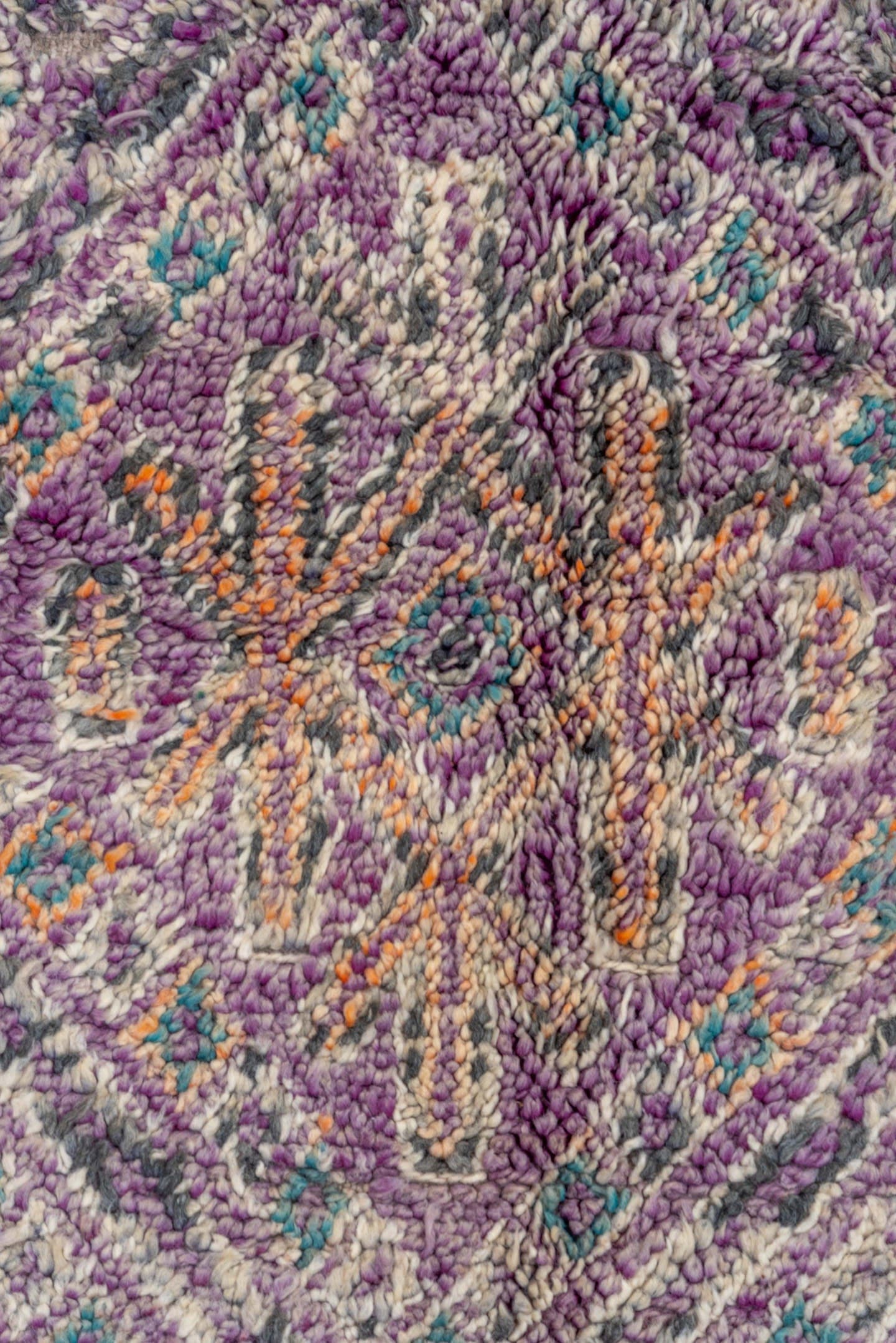 6' x 9' one-of-a-kind handmade vintage Moroccan medium size rug. Color palette: lavender, ivory, taupe, turquoise, rose