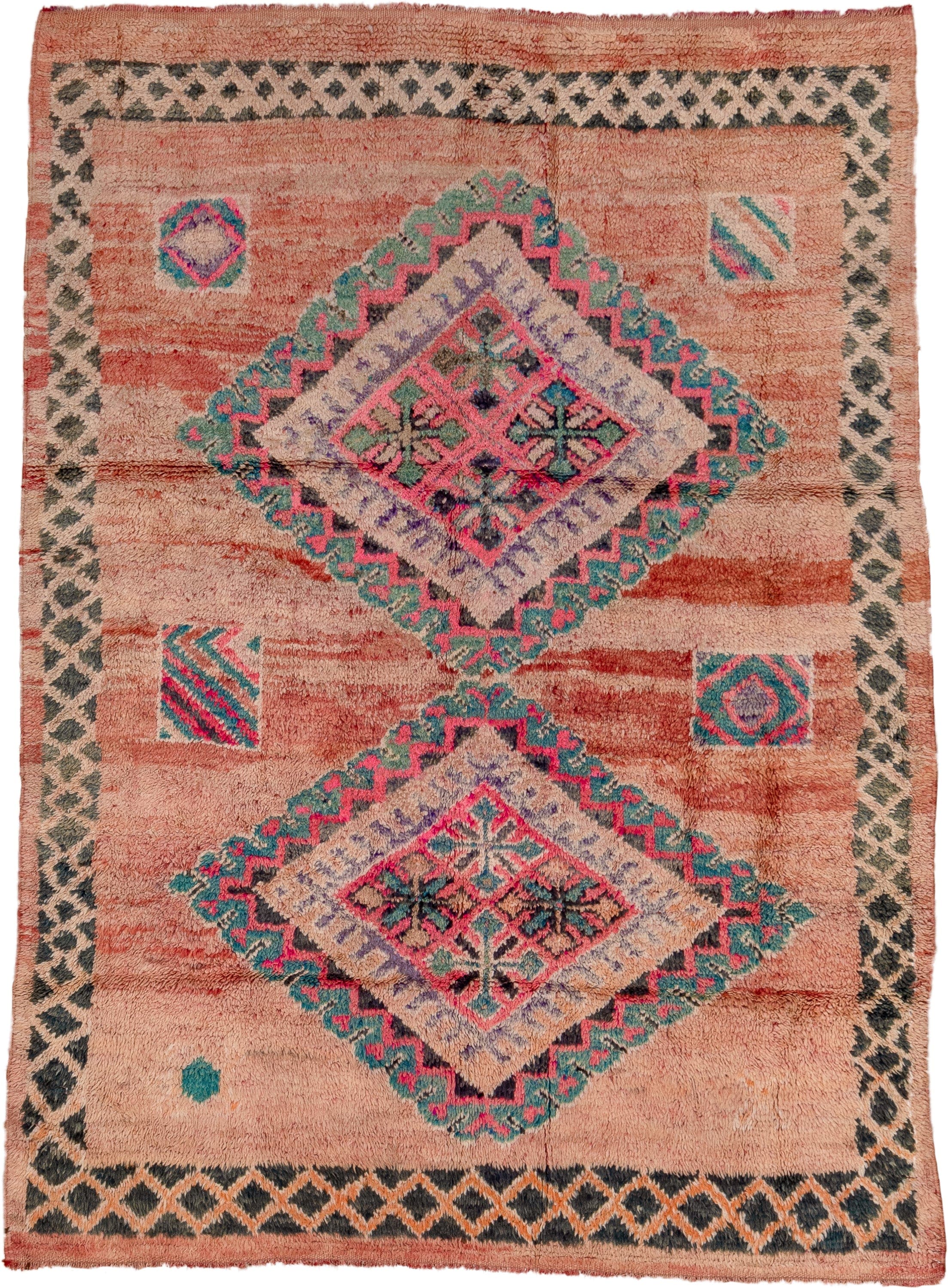 6' x 9' one-of-a-kind handmade antique Moroccan medium size rug. Color palette: rose, peach, charcoal, teal, lavender