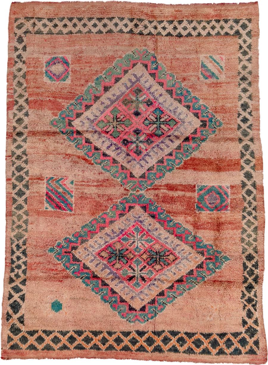 6' x 9' one-of-a-kind handmade antique Moroccan medium size rug. Color palette: rose, peach, charcoal, teal, lavender
