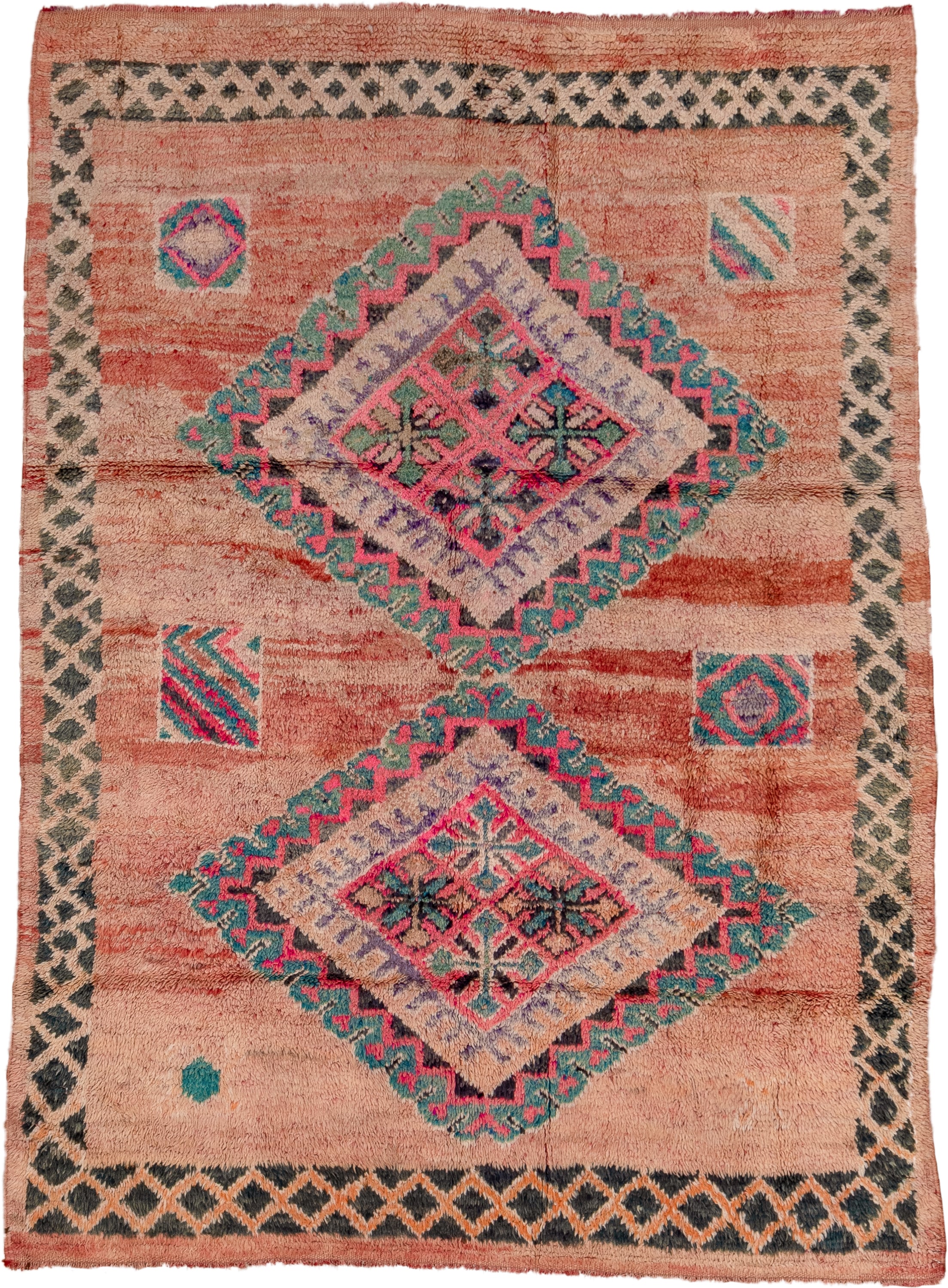 6' x 9' one-of-a-kind handmade antique Moroccan medium size rug. Color palette: rose, peach, charcoal, teal, lavender