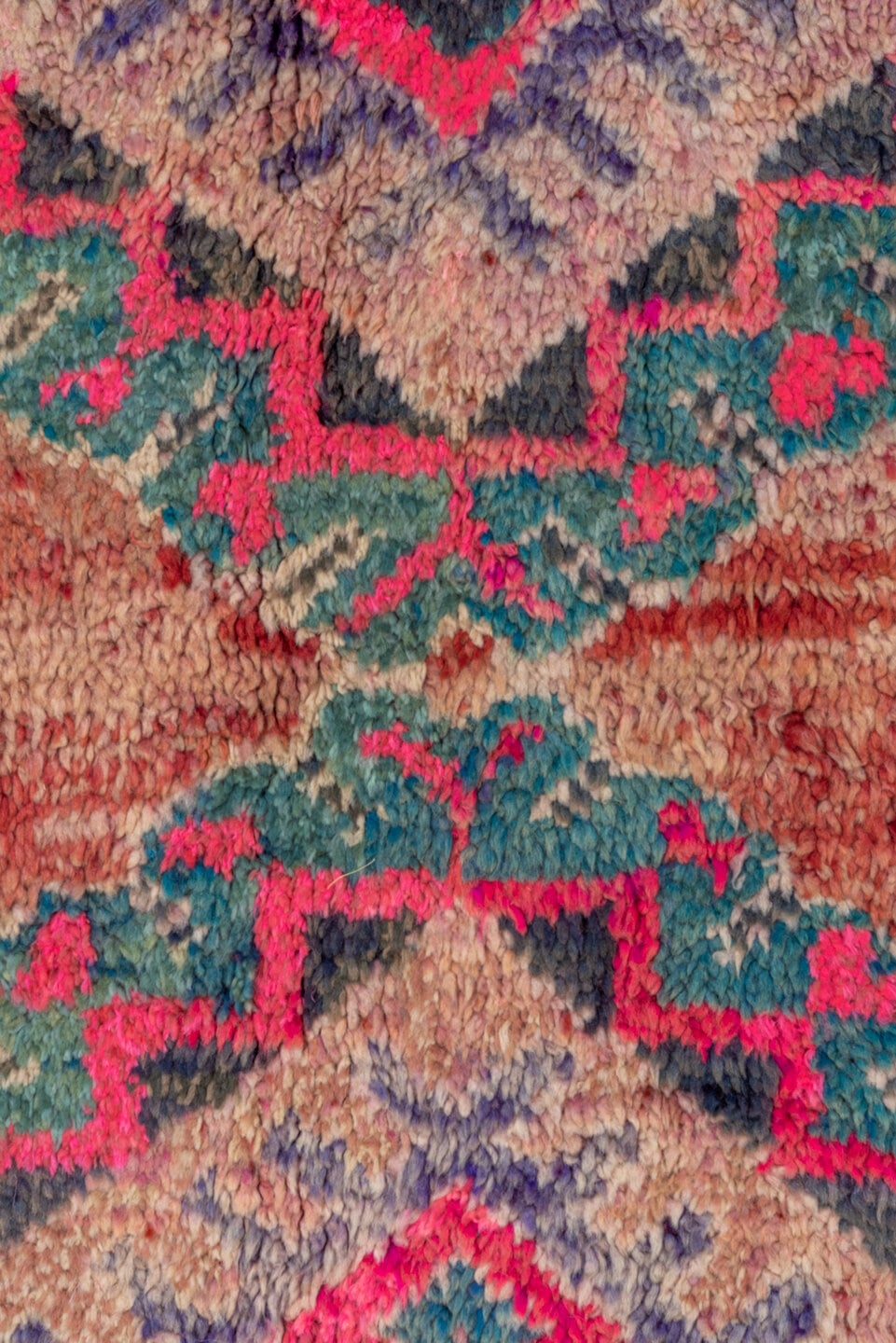 6' x 9' one-of-a-kind handmade antique Moroccan medium size rug. Color palette: rose, peach, charcoal, teal, lavender