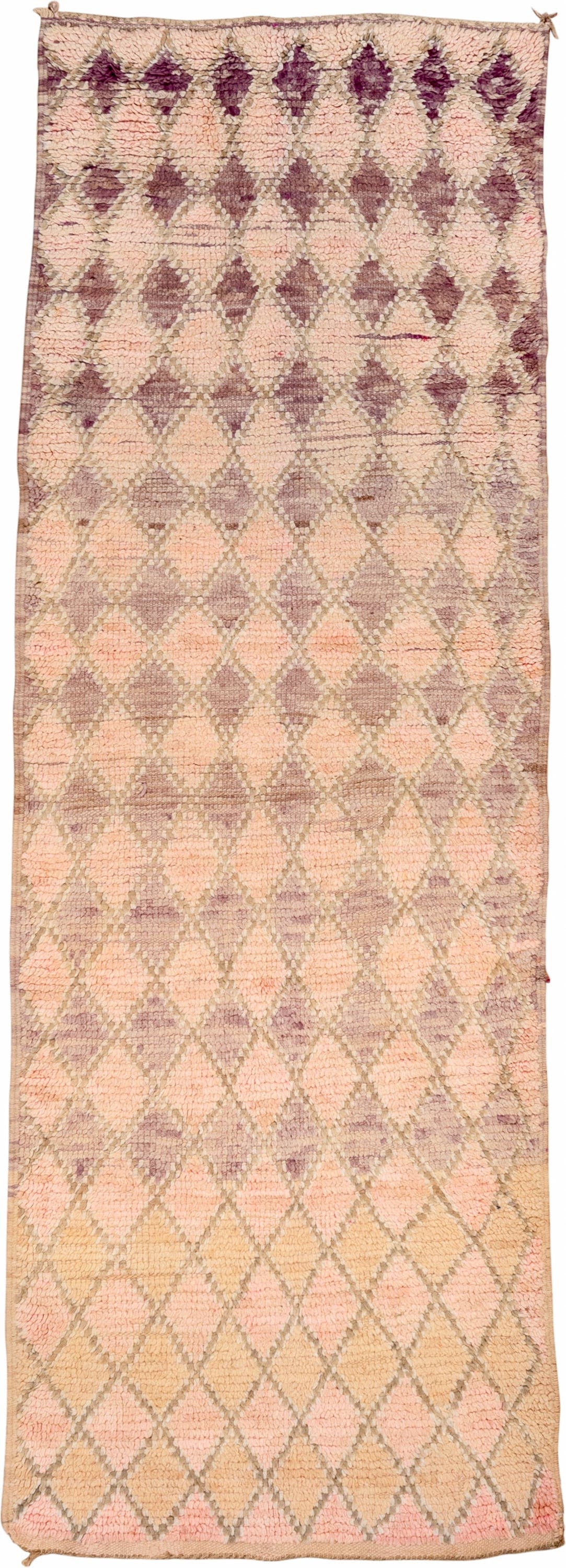 3' x 8' one-of-a-kind handmade vintage Moroccan runner rug. Color palette: blush, taupe, sand, mauve, ivory, rose, pink