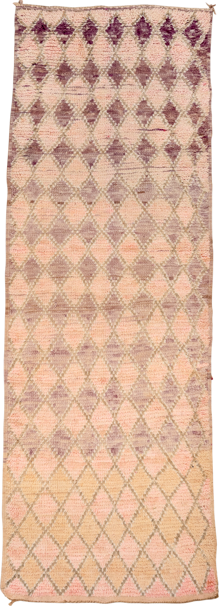 3' x 8' one-of-a-kind handmade vintage Moroccan runner rug. Color palette: bisque, brown, off-white, orange, peach puff