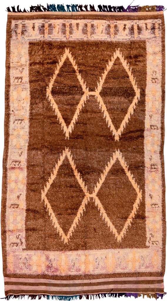 4' x 7' one-of-a-kind handmade vintage Moroccan rug. Color palette: brown, ivory, blush, taupe, charcoal, teal, purple, gold