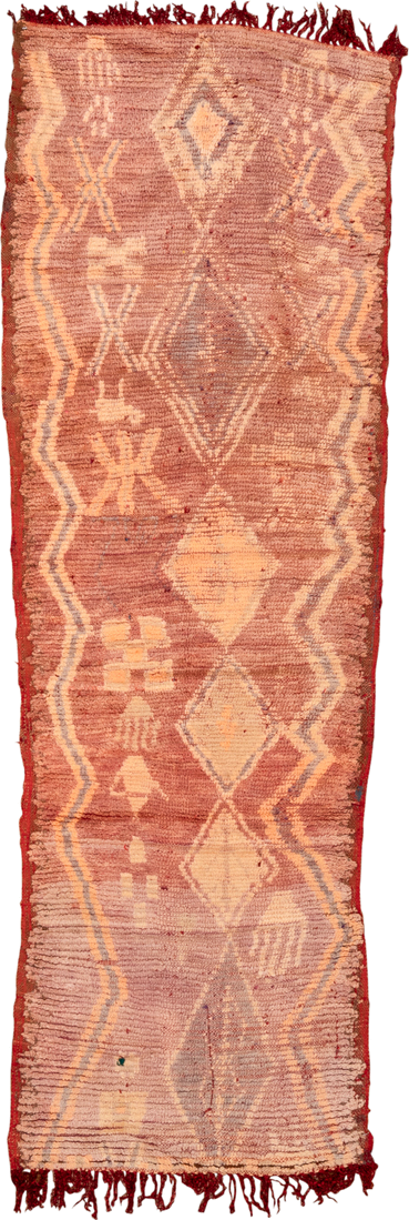 2' x 7' one-of-a-kind handmade vintage Moroccan runner rug. Color palette: brown, orange, pink, red