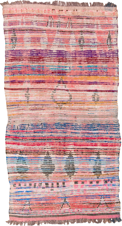 4' x 6' one-of-a-kind handmade vintage Moroccan small size rug. Color palette: blue, brown, gray, light gray, off-white