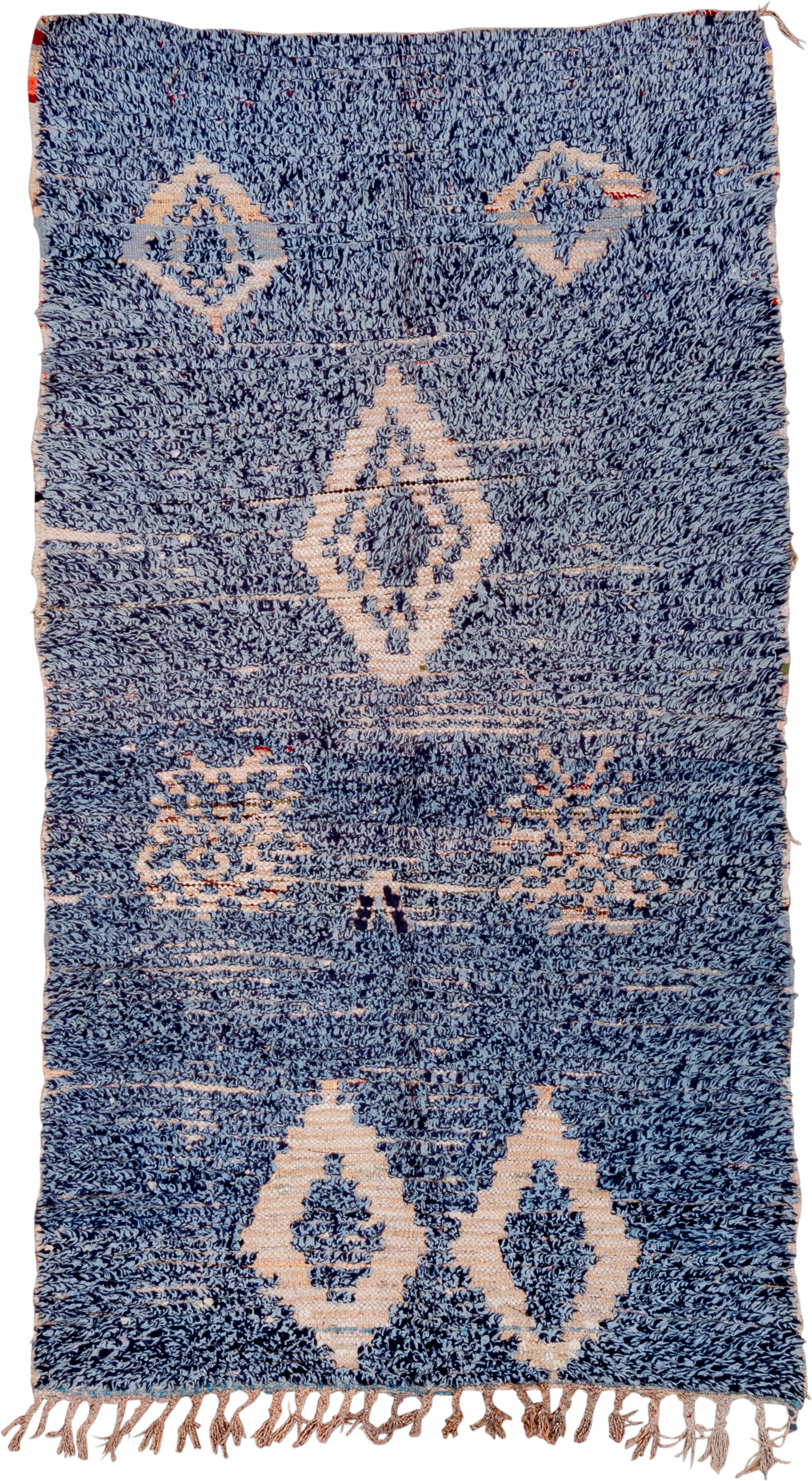 4' x 7' one-of-a-kind handmade vintage Moroccan rug. Color palette: indigo, ivory, navy, charcoal, rose, purple, blue, gray