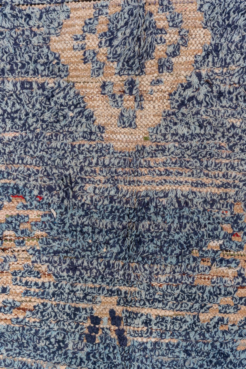 4' x 7' one-of-a-kind handmade vintage Moroccan rug. Color palette: indigo, ivory, navy, charcoal, rose, purple, blue, gray