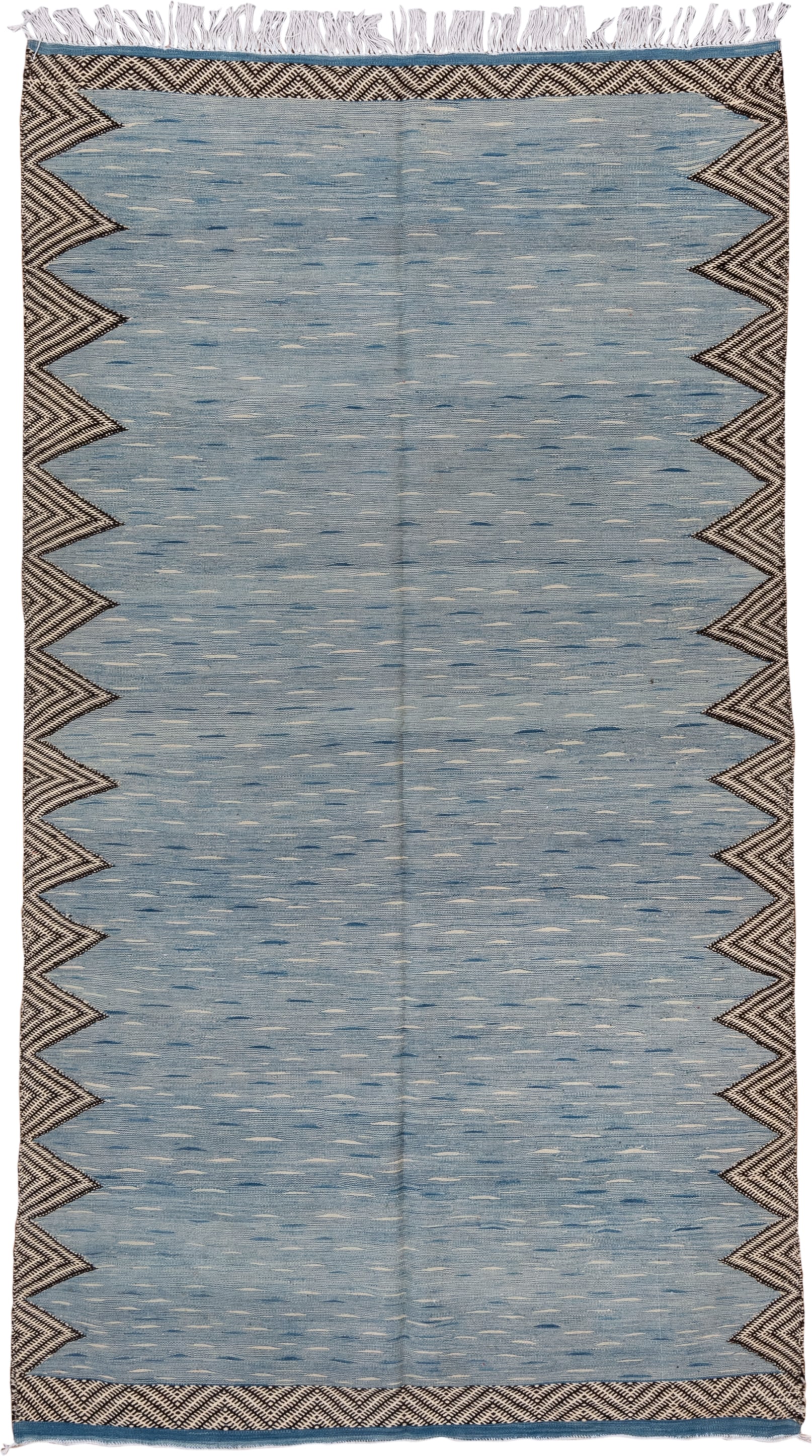 4' x 8' one-of-a-kind handmade vintage Kilim rug. Color palette: pale blue, ivory, charcoal, slate, light blue, gray, black