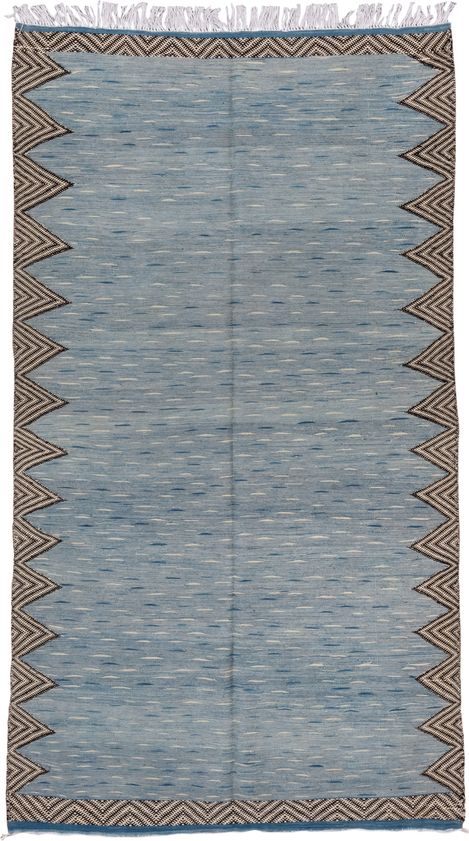 4' x 8' one-of-a-kind handmade vintage Kilim rug. Color palette: pale blue, ivory, charcoal, slate, light blue, gray, black