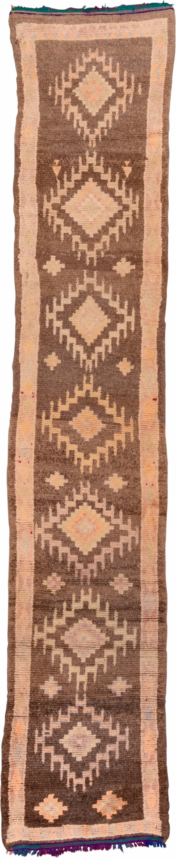 2' x 14' one-of-a-kind handmade vintage Moroccan runner rug. Color palette: brown, beige, blush, taupe, rose, charcoal, teal