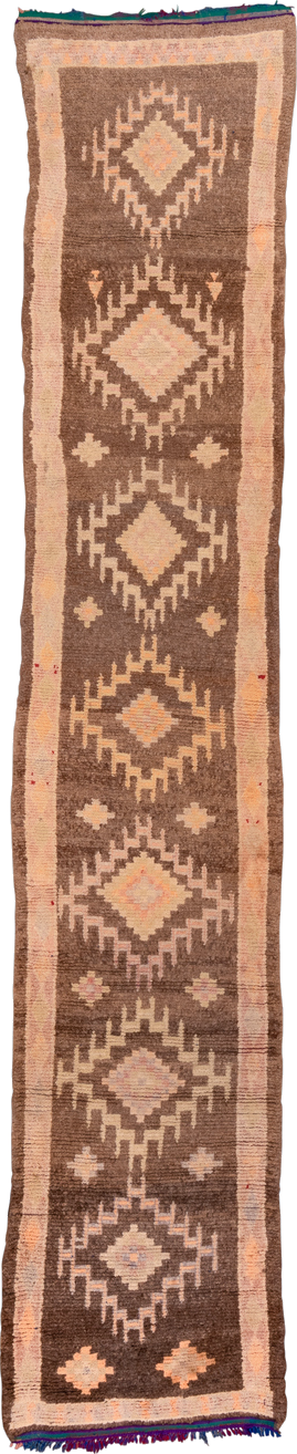 2' x 14' one-of-a-kind handmade vintage Moroccan runner rug. Color palette: blue, brown, off-white, orange, pink, snow
