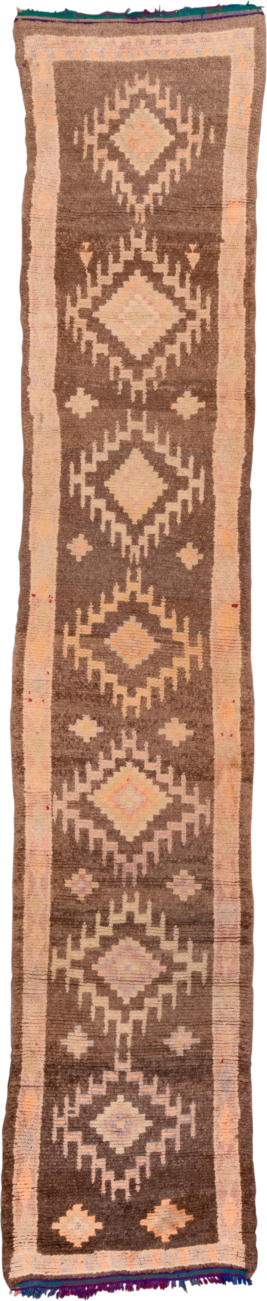 2' x 14' one-of-a-kind handmade vintage Moroccan runner rug. Color palette: brown, beige, blush, taupe, rose, charcoal, teal