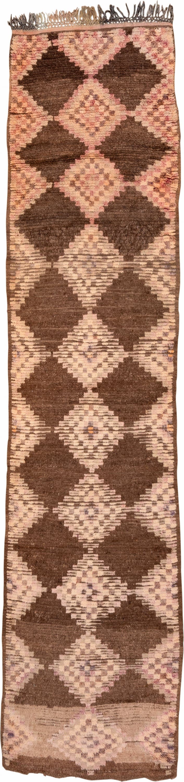 3' x 14' one-of-a-kind handmade vintage Moroccan runner rug. Color palette: brown, blush, taupe, rose, mauve, camel, pink