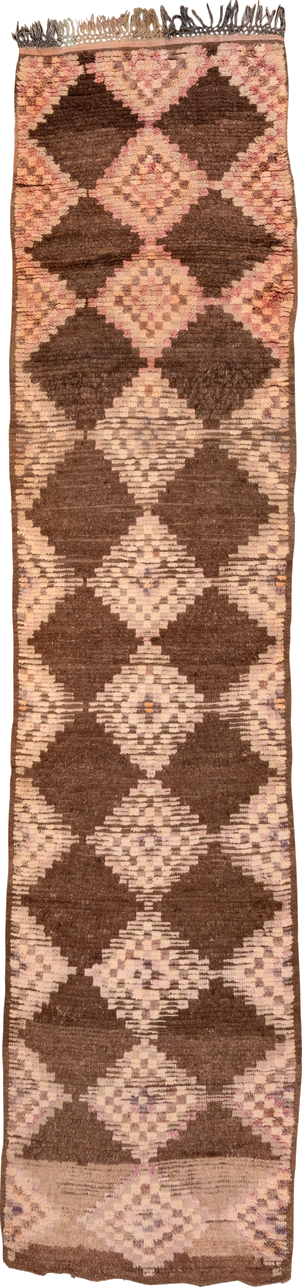 3' x 14' one-of-a-kind handmade vintage Moroccan runner rug. Color palette: brown, orange, pink