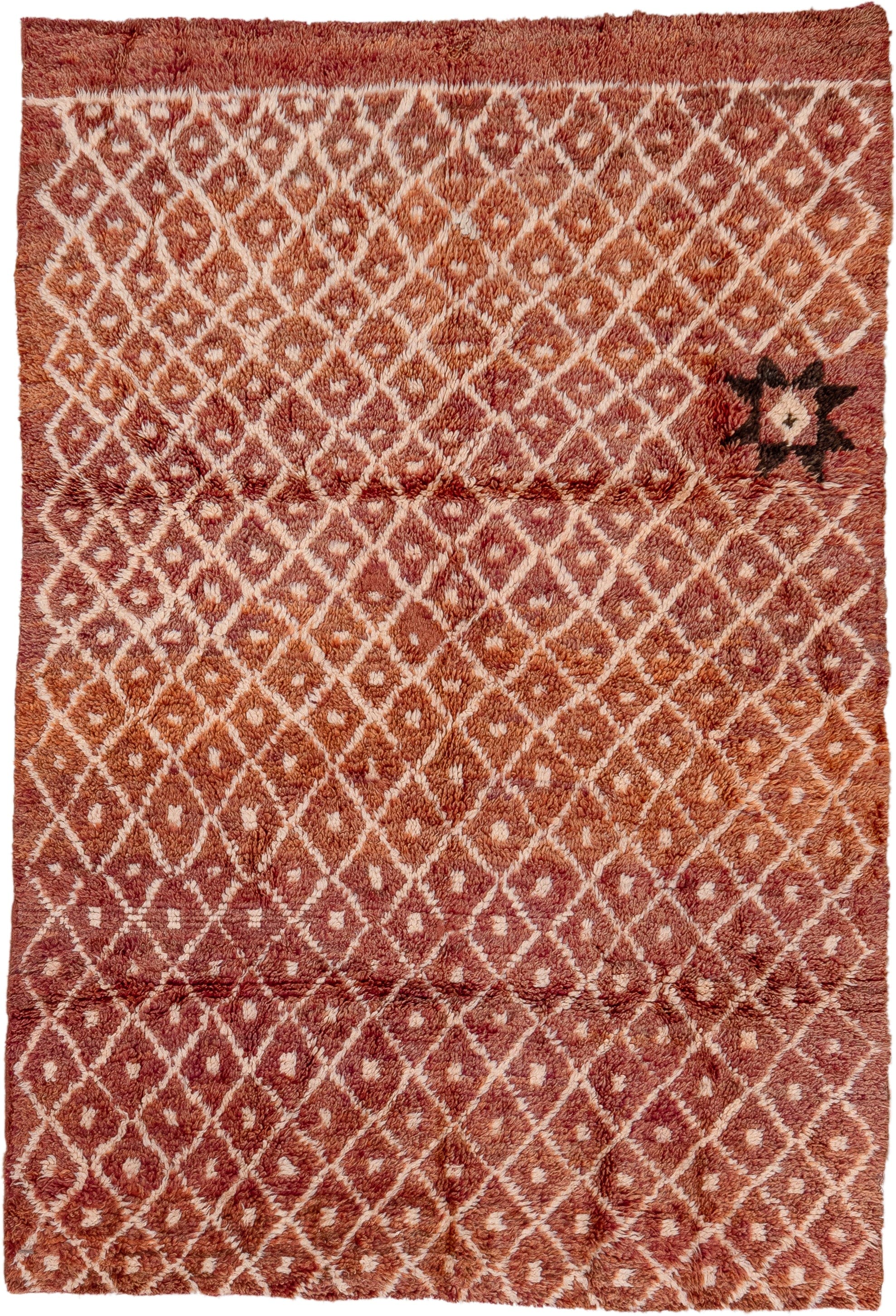 6' x 8' one-of-a-kind handmade antique Moroccan medium size rug. Color palette: terra cotta, ivory, rust, rose, charcoal