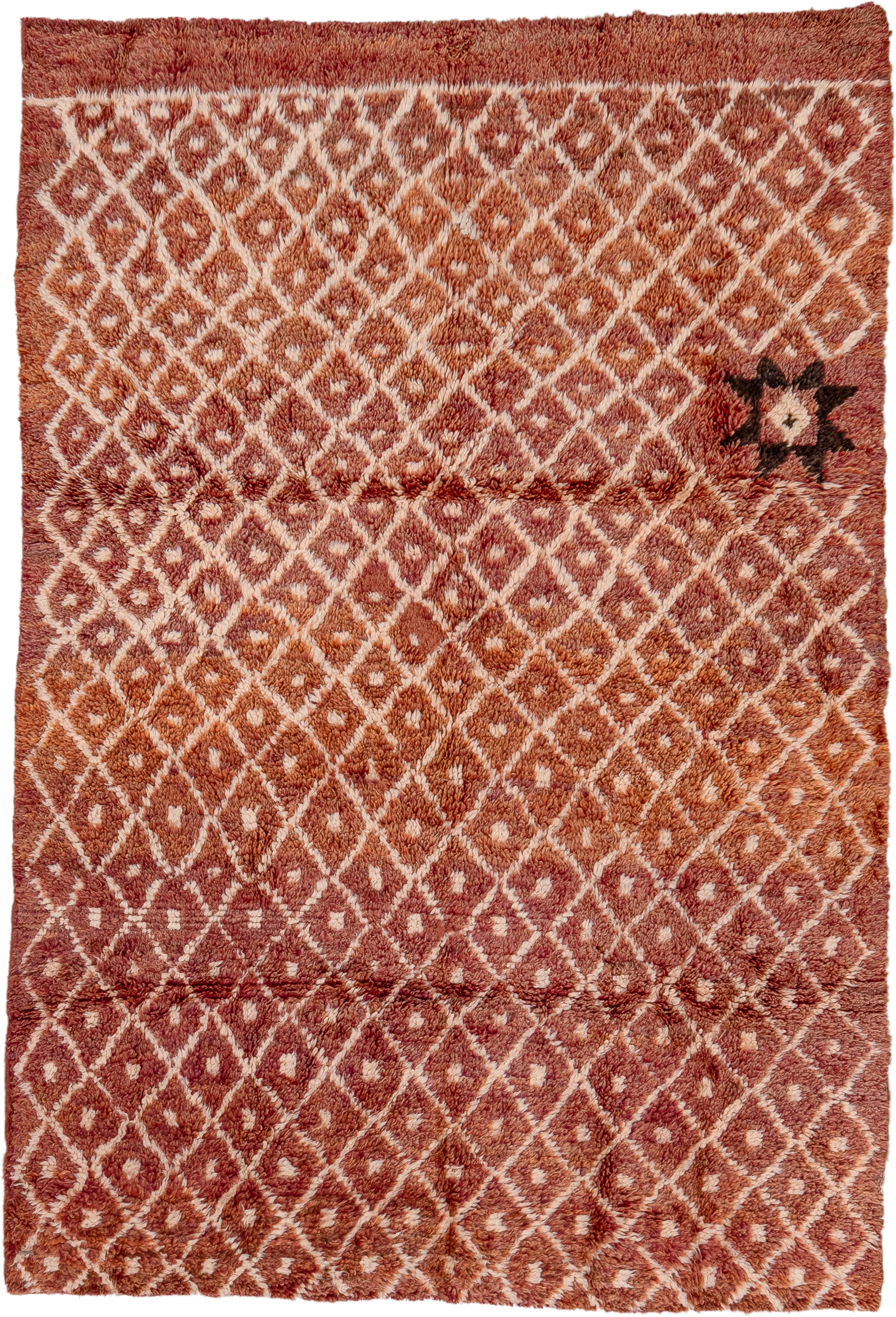 6' x 8' one-of-a-kind handmade antique Moroccan medium size rug. Color palette: terra cotta, ivory, rust, rose, charcoal