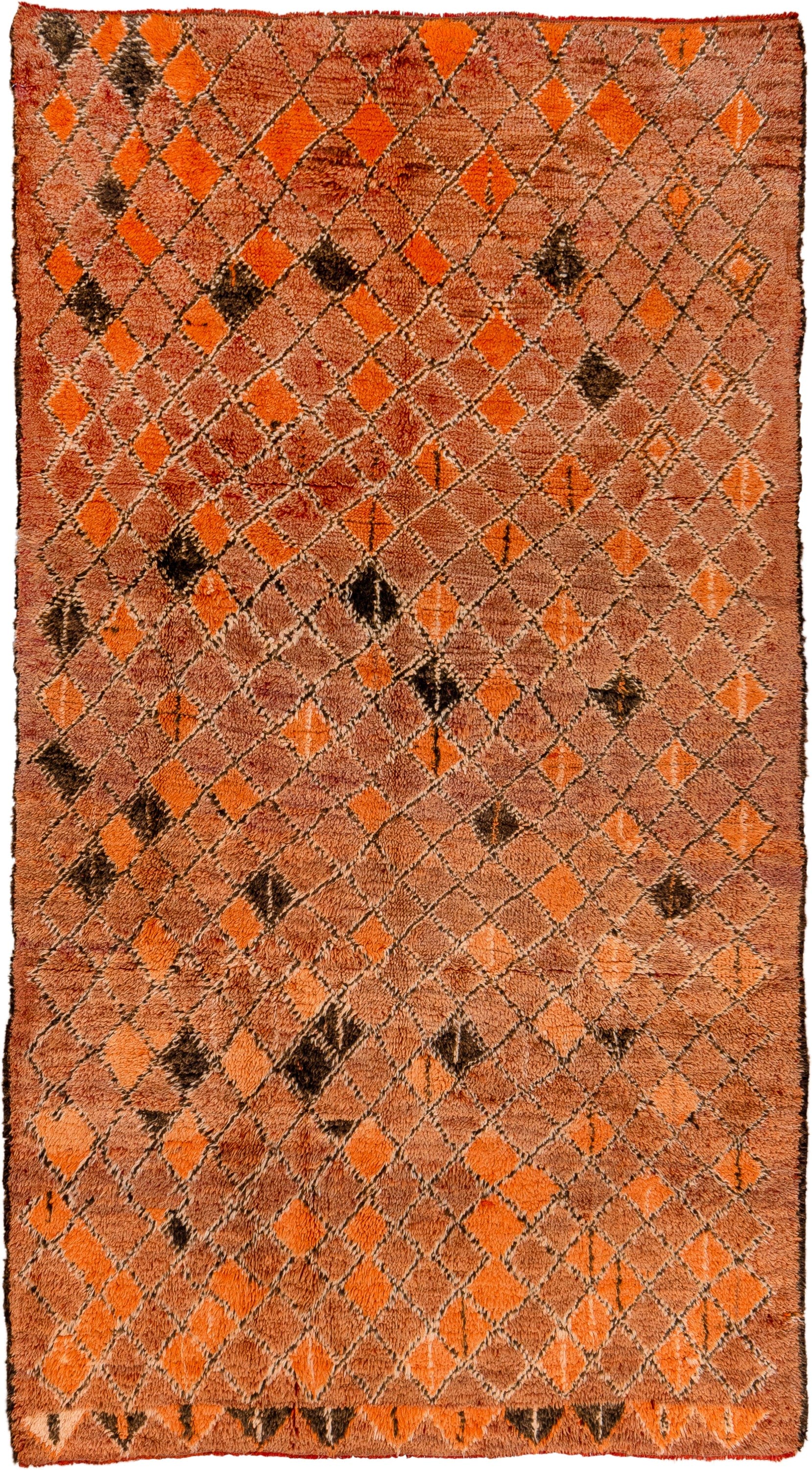 6' x 10' one-of-a-kind handmade antique Moroccan large size rug. Color palette: terra cotta, orange, brown, camel, charcoal
