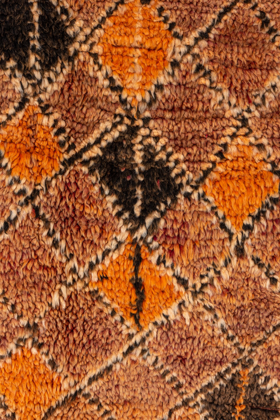 6' x 10' one-of-a-kind handmade antique Moroccan large size rug. Color palette: terra cotta, orange, brown, camel, charcoal