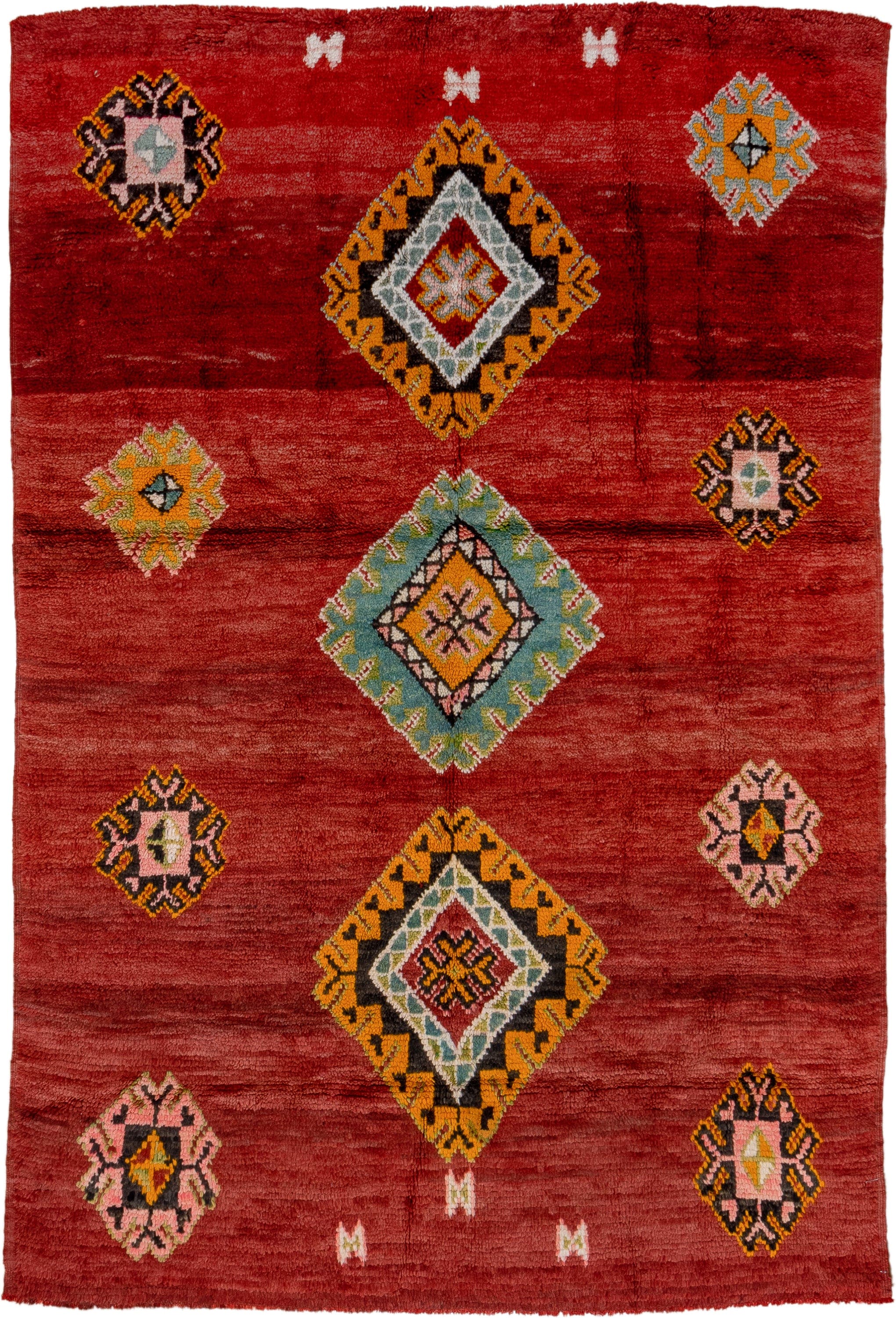 6' x 9' one-of-a-kind handmade antique Moroccan medium size rug. Color palette: red, rust, gold, pink, sage, ivory, charcoal