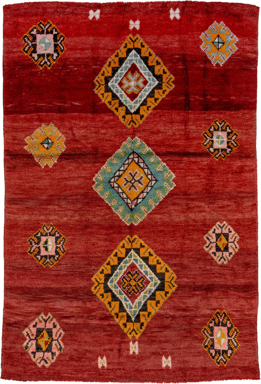 6' x 9' one-of-a-kind handmade antique Moroccan medium size rug. Color palette: red, rust, gold, pink, sage, ivory, charcoal