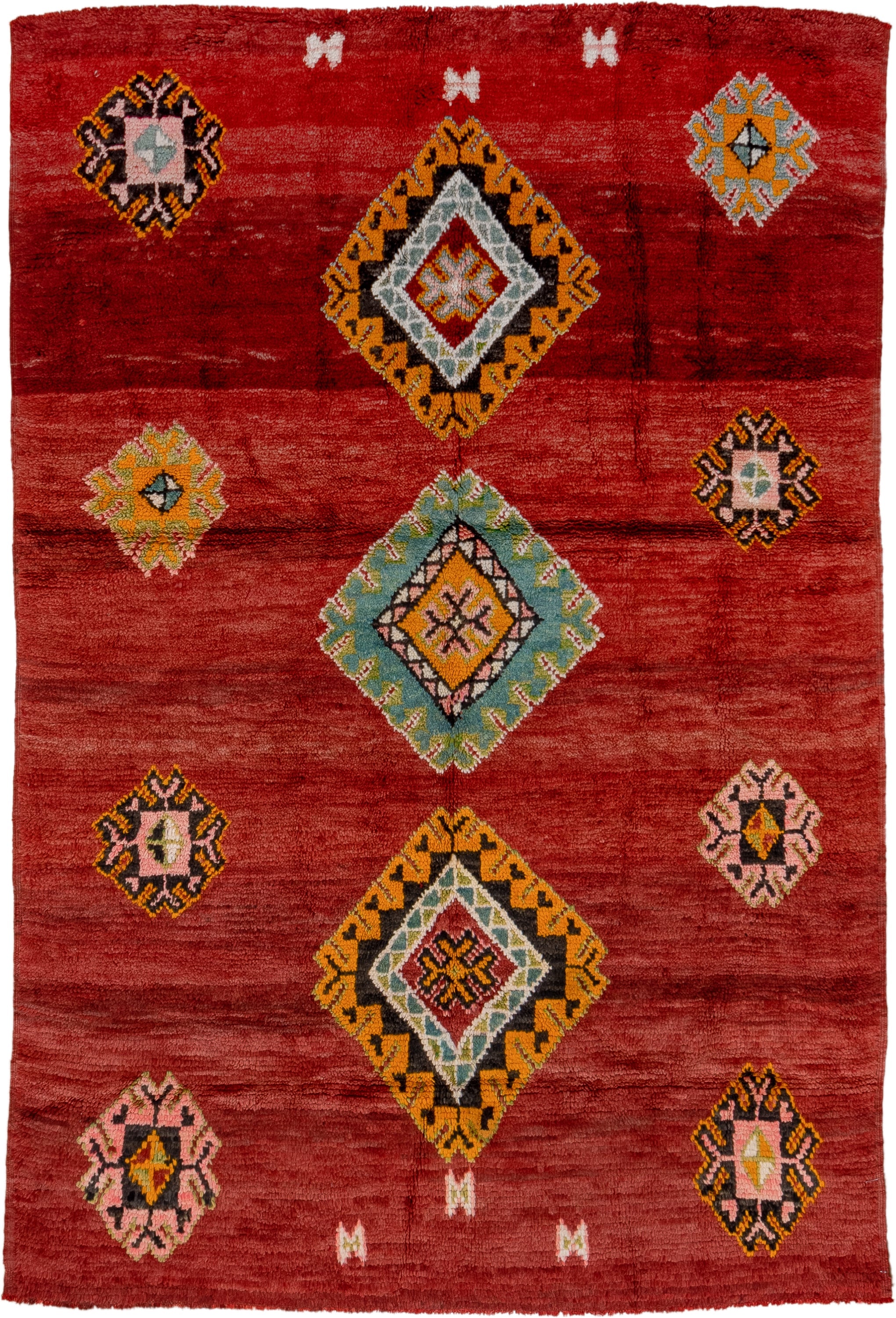 6' x 9' one-of-a-kind handmade antique Moroccan medium size rug. Color palette: red, rust, gold, pink, sage, ivory, charcoal