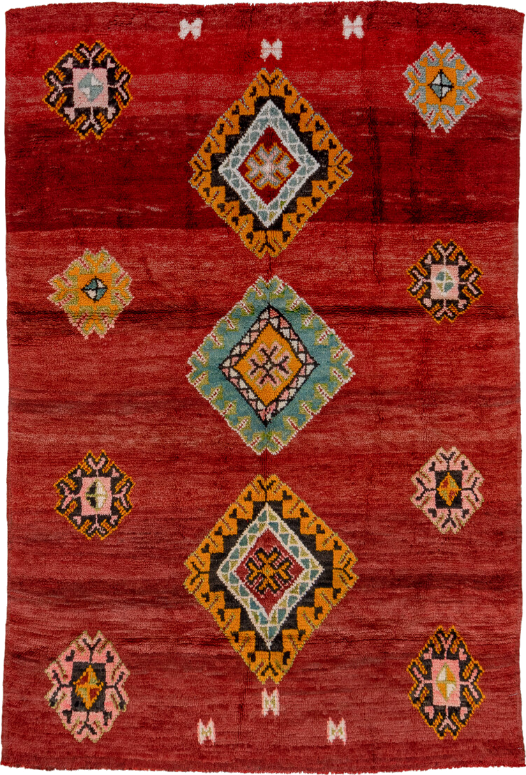 6' x 9' one-of-a-kind handmade vintage Moroccan medium size rug. Color palette: brown, gray, pink, red