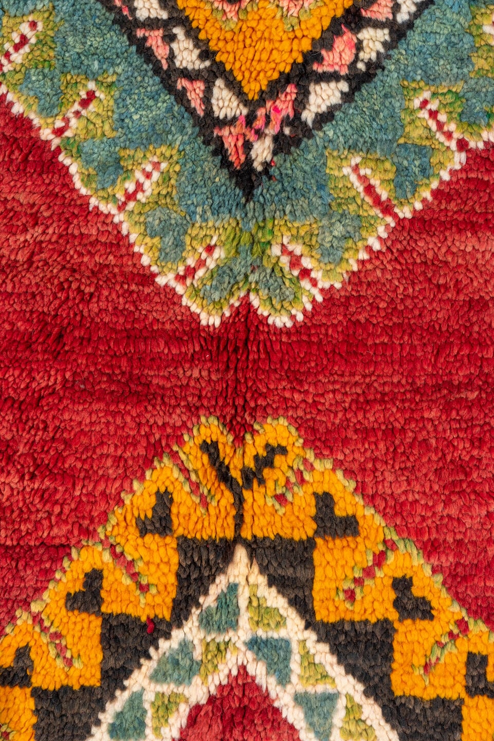 6' x 9' one-of-a-kind handmade antique Moroccan medium size rug. Color palette: red, rust, gold, pink, sage, ivory, charcoal
