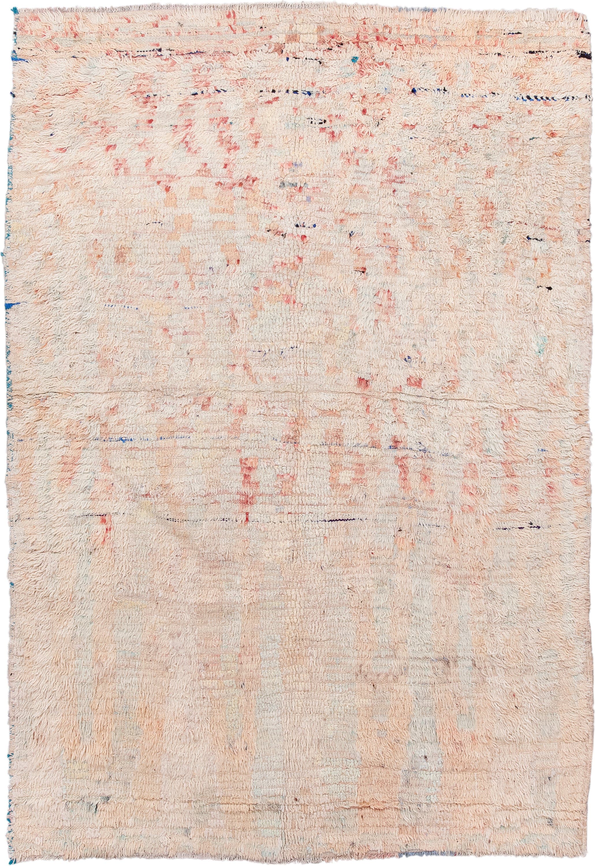 5' x 7' one-of-a-kind handmade antique Moroccan rug. Color palette: ivory, blush, peach, pale blue, cream, charcoal, pink