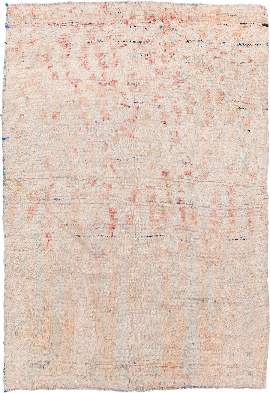 5' x 7' one-of-a-kind handmade antique Moroccan rug. Color palette: ivory, blush, peach, pale blue, cream, charcoal, pink